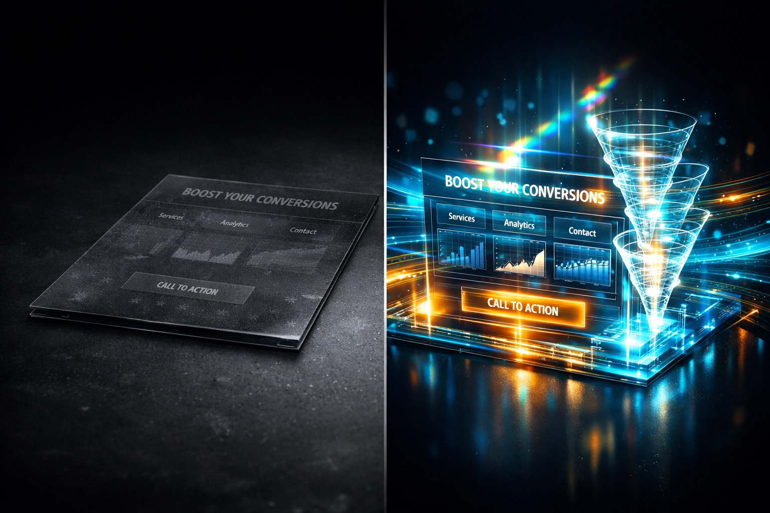 Website conversion audit comparison showing digital brochure transforming into lead-generating machine