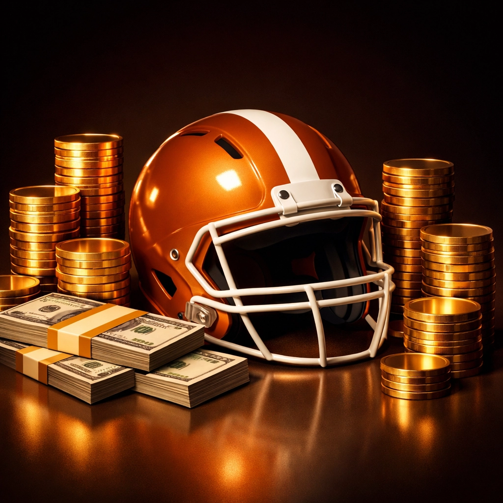 NIL money and Texas football helmet representing $2.9M transfer portal valuation