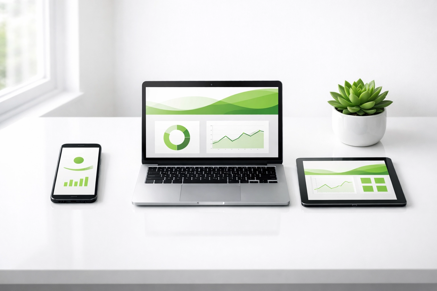 Synchronized digital devices on a desk representing NAP consistency for local business listings.