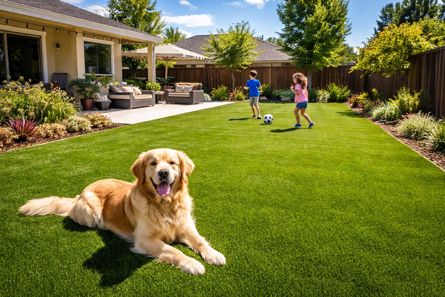 Beautiful Sacramento backyard with luxury artificial grass, kids and dog enjoying the green lawn