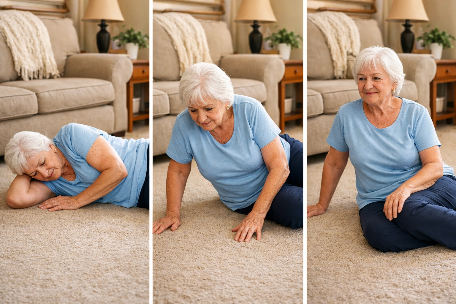 Senior demonstrating side-lying to side-sitting position during fall recovery technique