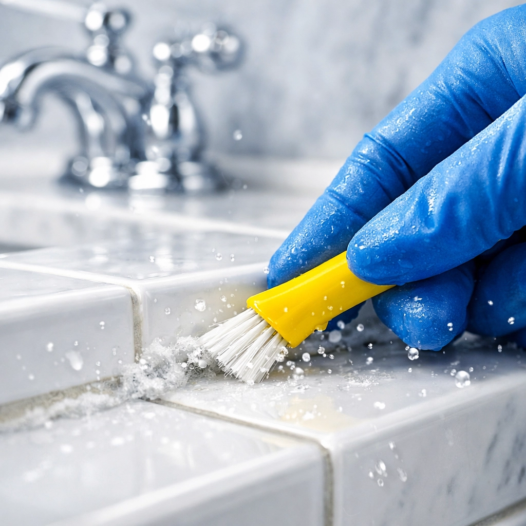 Professional deep cleaning in Lowell showing detailed tile grout scrubbing in a modern bathroom.