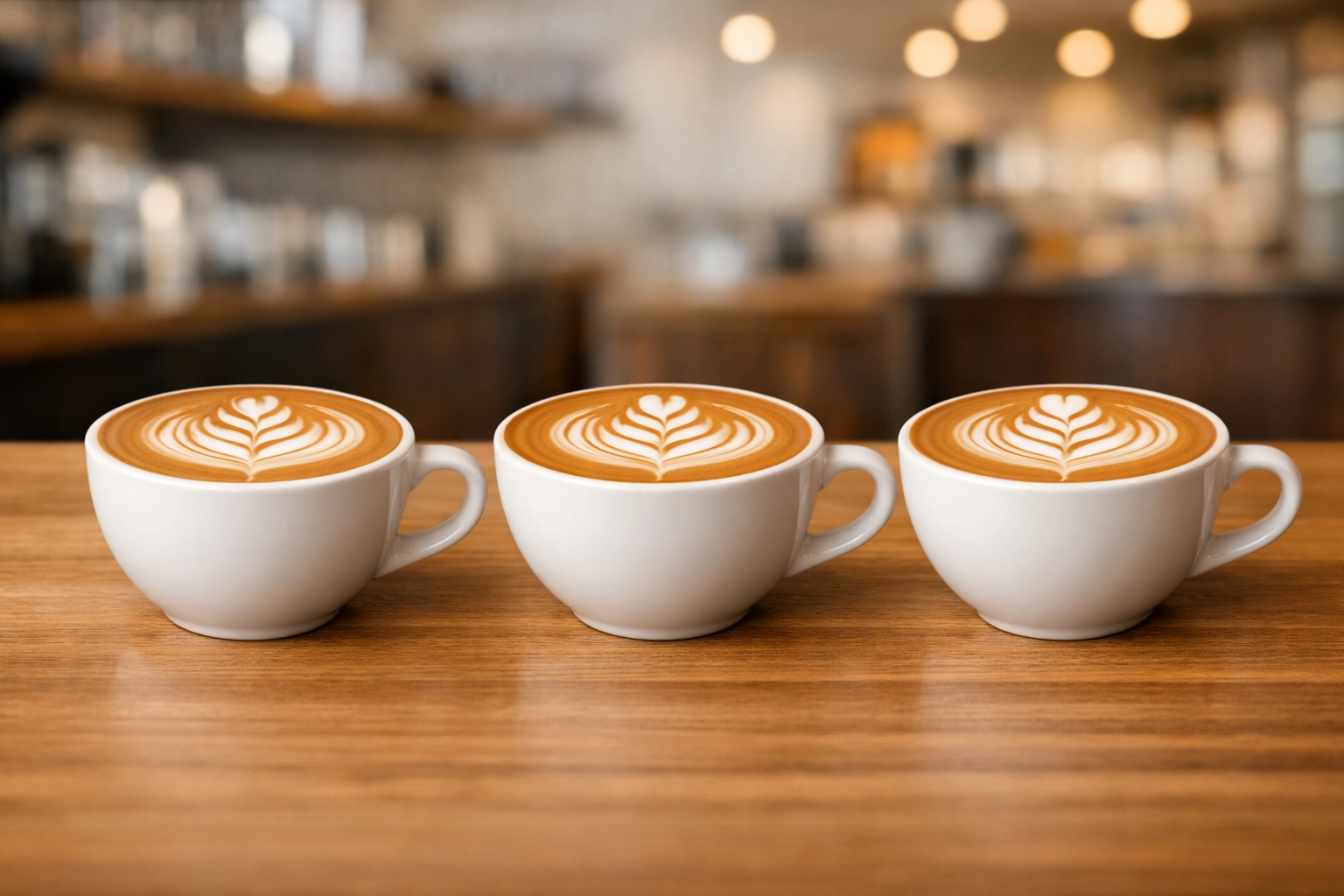 Three identical flat whites with matching latte art showing perfect coffee shop consistency