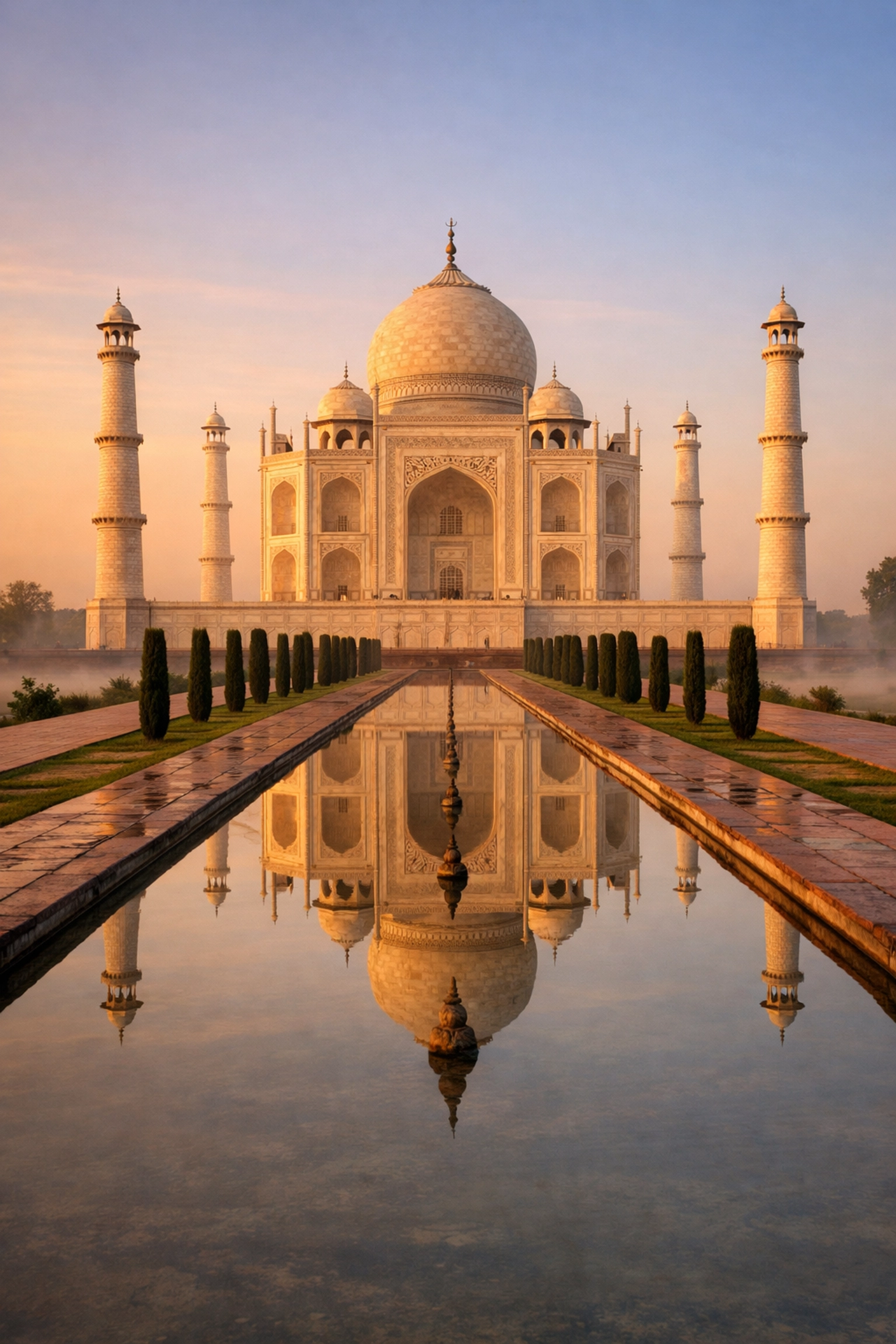 Symmetrical sunrise view of the Taj Mahal reflecting in the pool, a top photography location.
