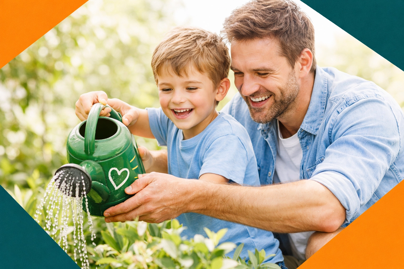 Father and young son watering a garden, representing service and life skills in the family.