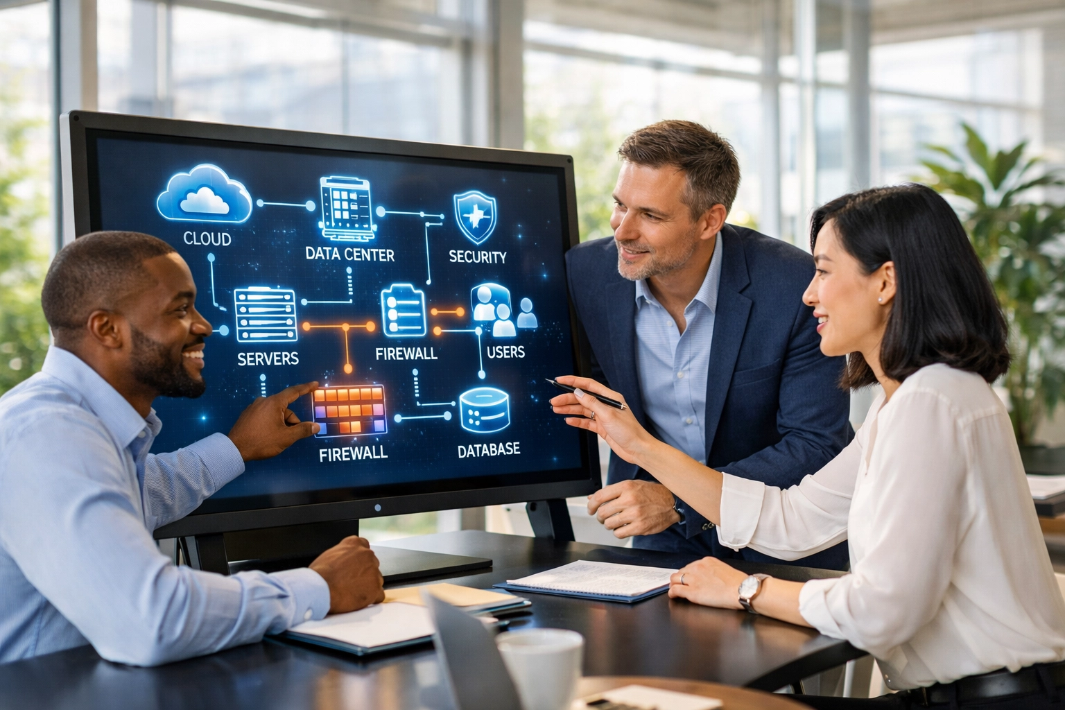 ServiceNow implementation partner experts discussing global strategy and Agentic AI in a boardroom.