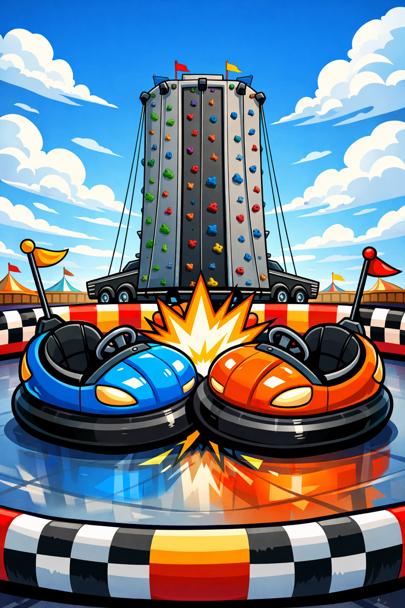 TSSA certified mobile bumper car arena and portable rock climbing wall for corporate events and community festivals.