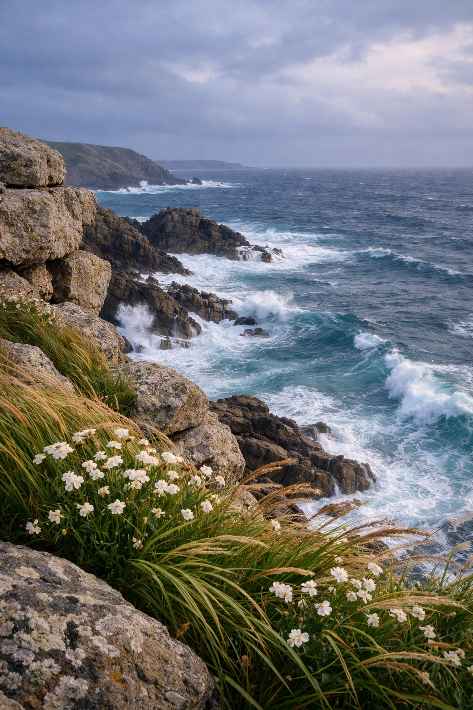 The windy clifftops of Sennen Cove in Cornwall, a dramatic location for scattering ashes by the Atlantic Ocean.