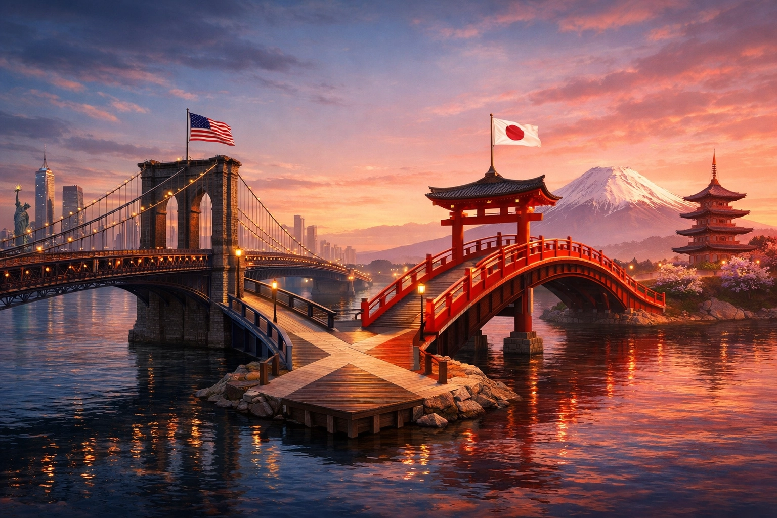 U.S.-Japan alliance symbolized by bridges meeting at crossroads with Mount Fuji