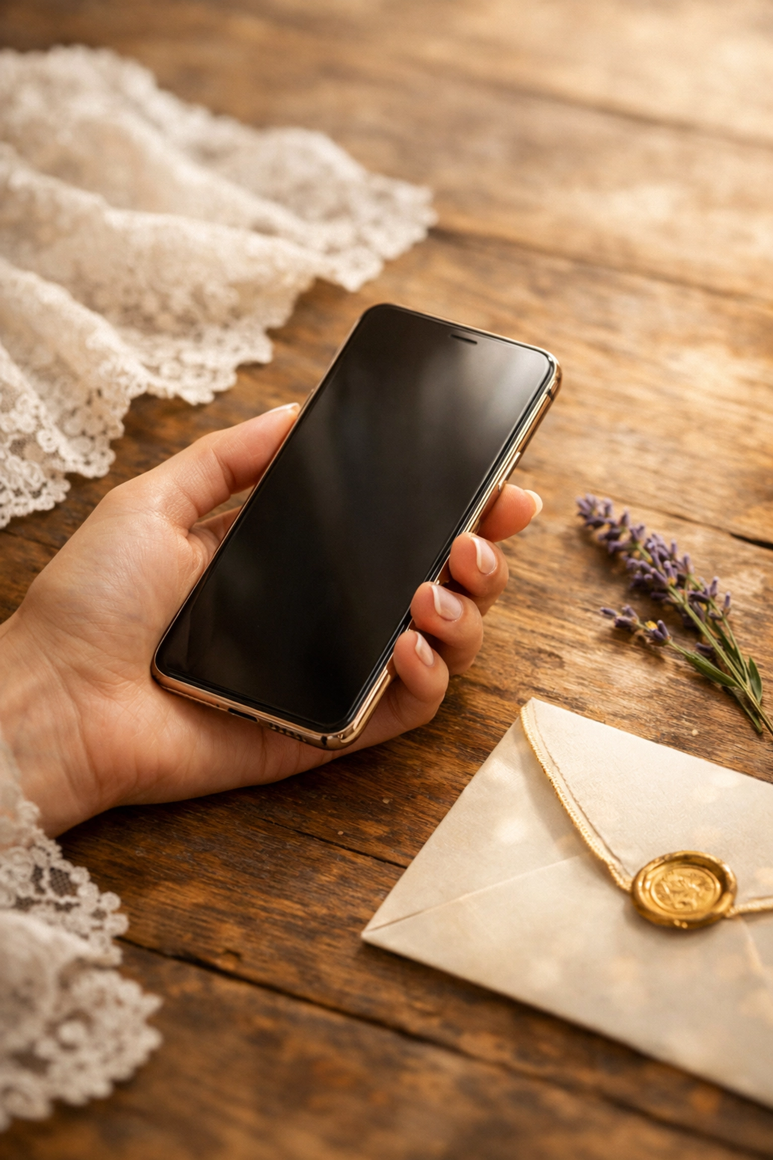 Using a digital wedding RSVP app on a smartphone to manage guest funding and planning.