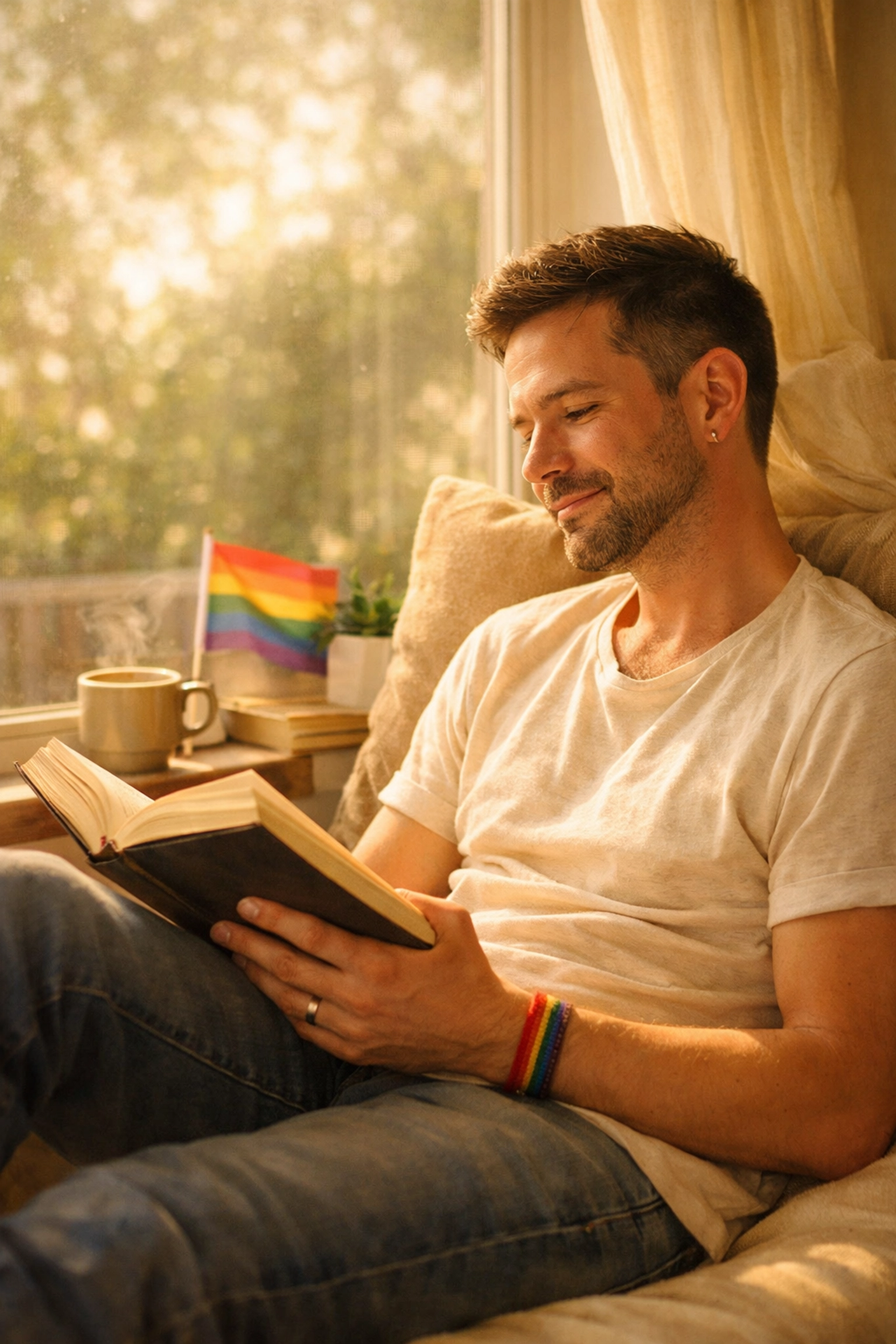 A gay man reading an MM romance book in a bright nook, representing healing and recovery through queer fiction.