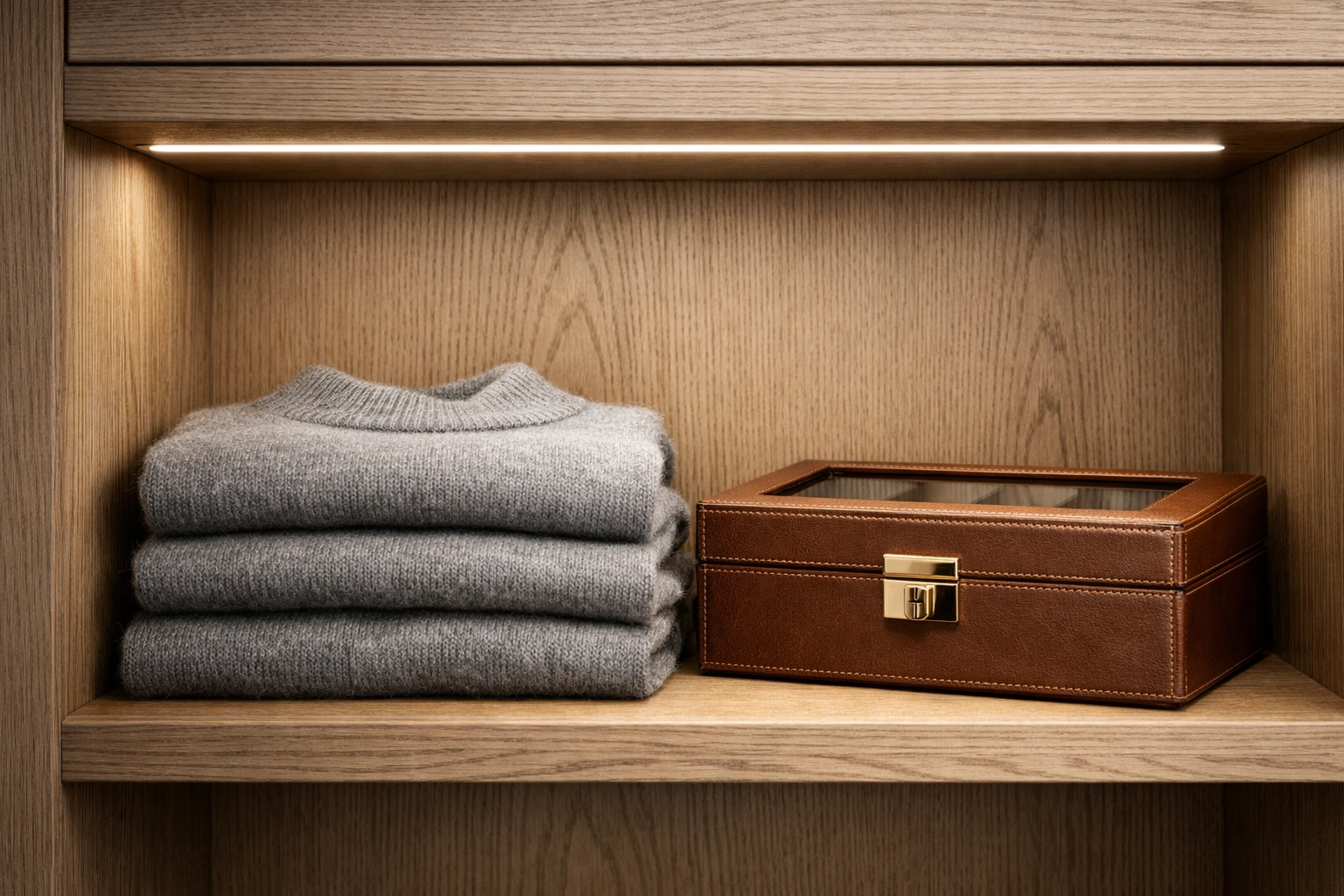 Natural white high-CRI LED lighting illuminating luxury garments in a white oak closet