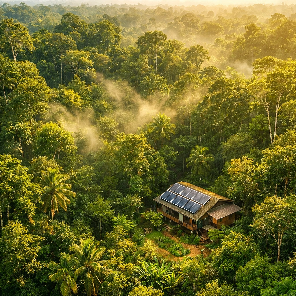 Amazon rainforest canopy with sustainable family home showing conservation and nature rebounding