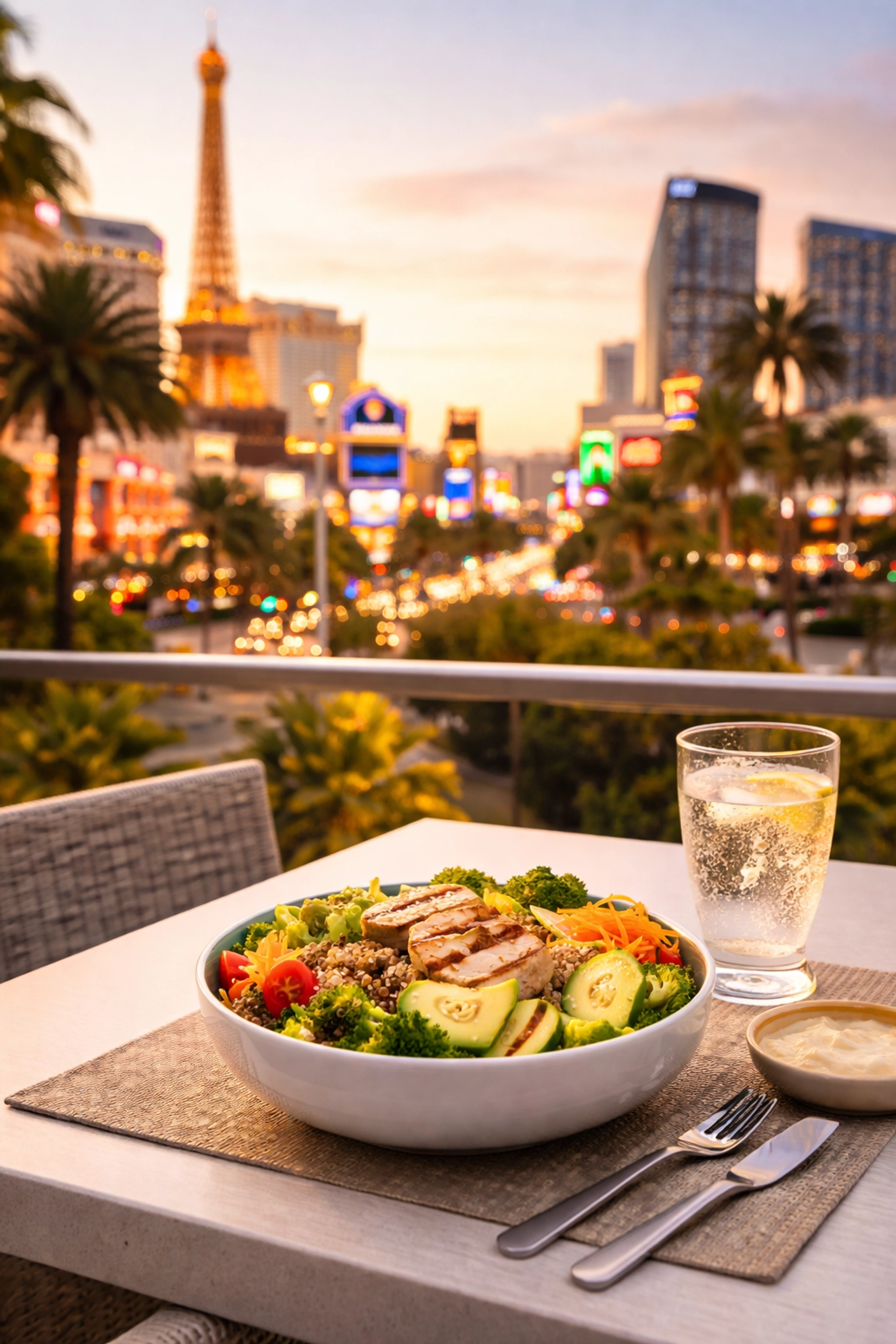 Healthy meal on café table overlooking Las Vegas Strip at sunset, highlighting weight loss choices in Las Vegas