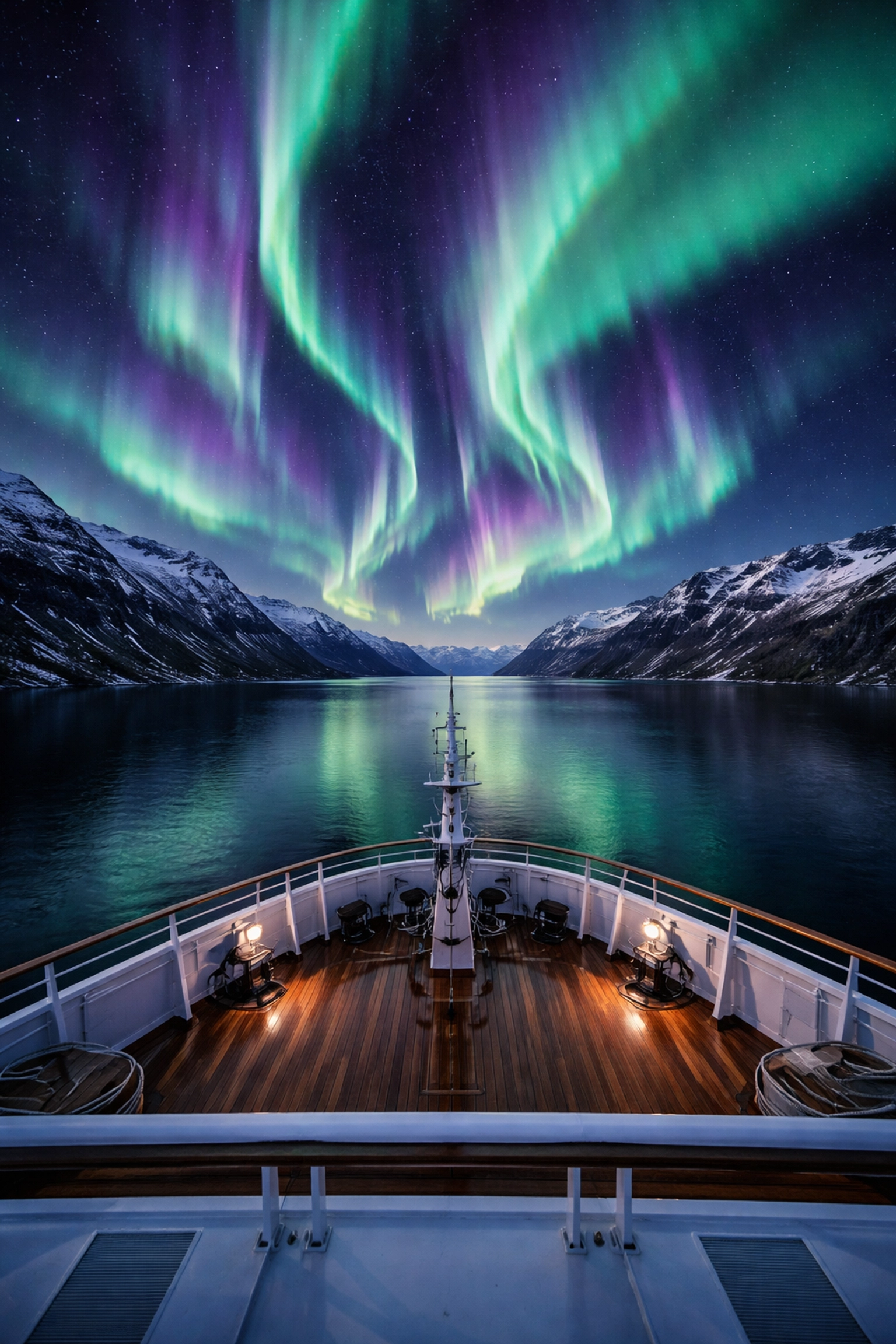 Northern Lights over an Icelandic fjord seen from a cruise ship, highlighting stargazing cruise experiences.