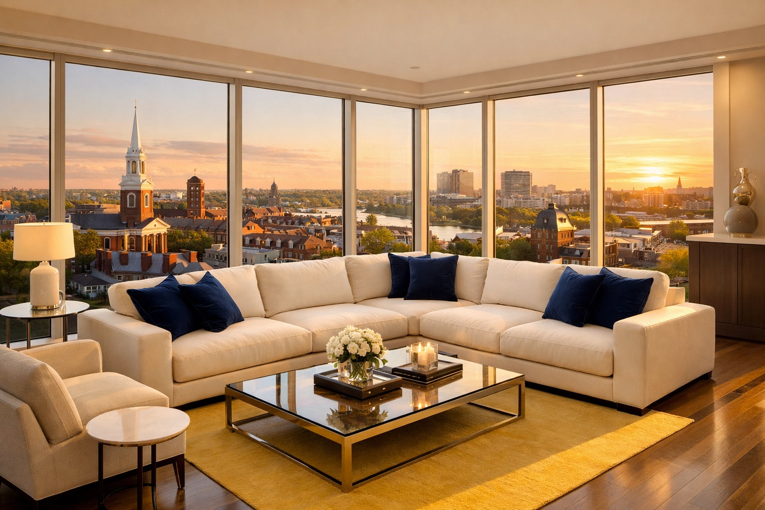 Clean luxury living room overlooking Harvard Square after house cleaning Cambridge MA.