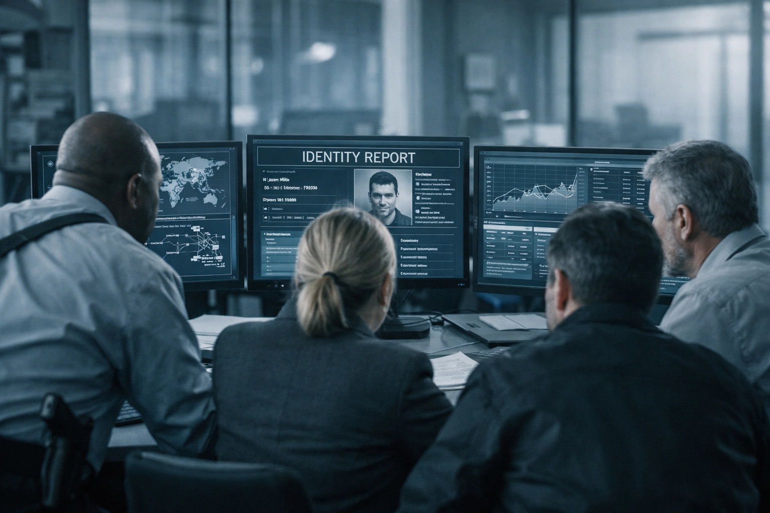 Veteran-led investigation team analyzing digital fraud data and identity verification reports