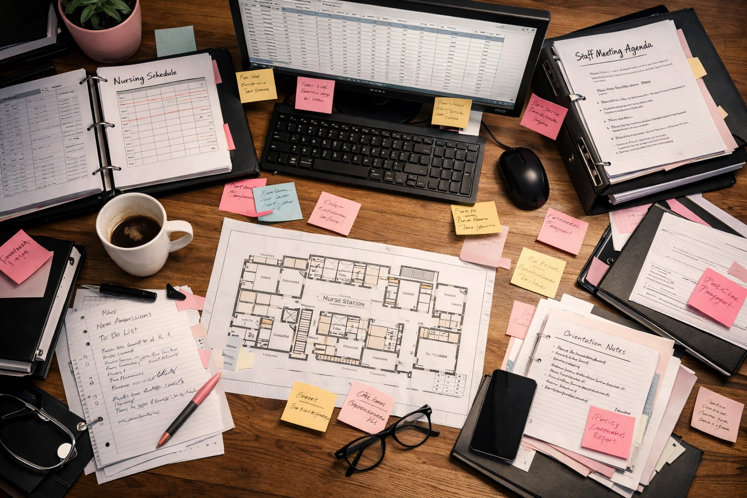 Overwhelmed DON office desk showing leadership challenges in long term care facility