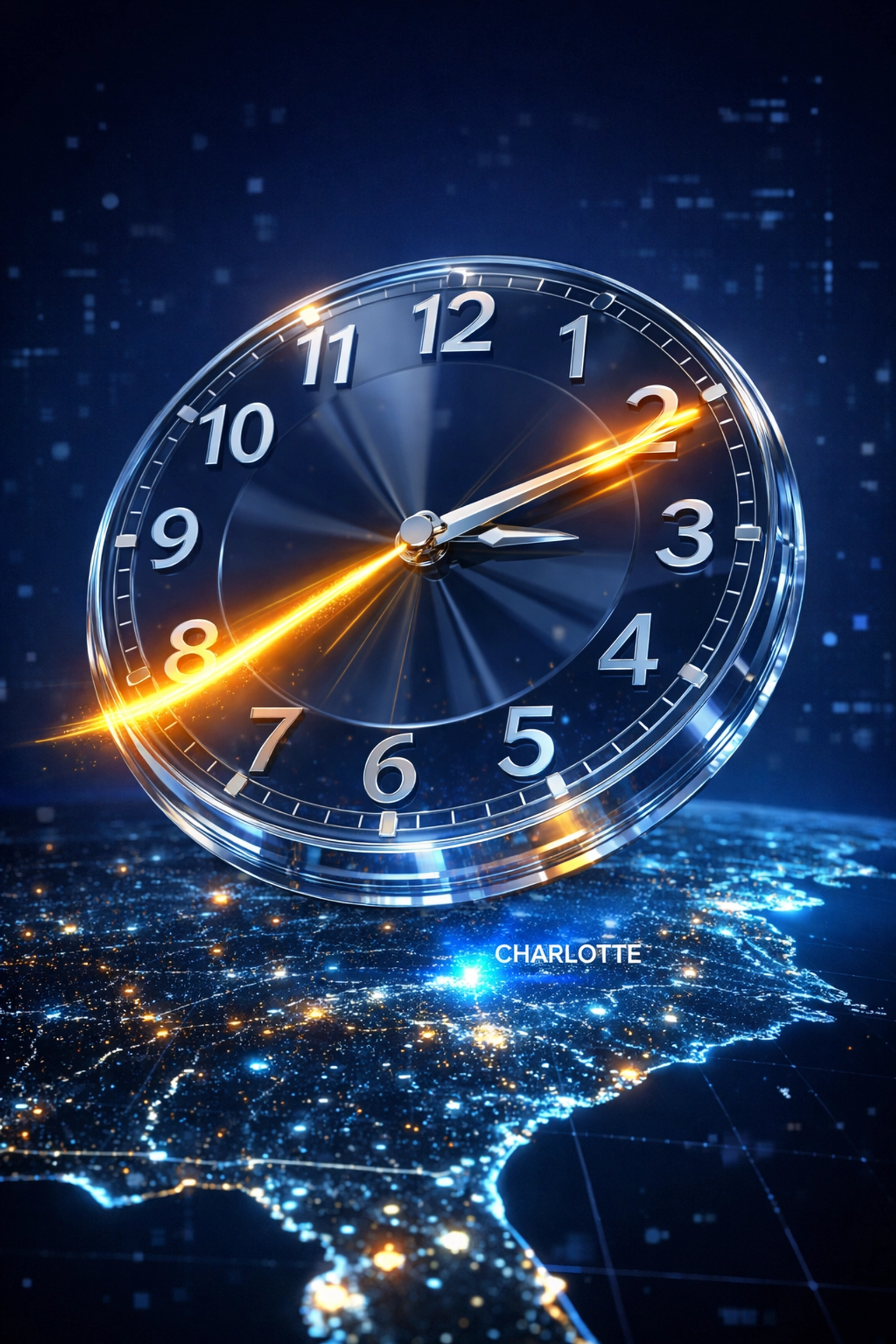 Stylized clock over a map of North Carolina highlighting Charlotte's transition to Daylight Saving Time.