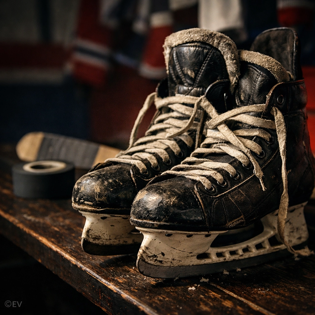 Gritty hockey skates in a locker room, representing the Raw Knuckles podcast and Montreal Canadiens culture.