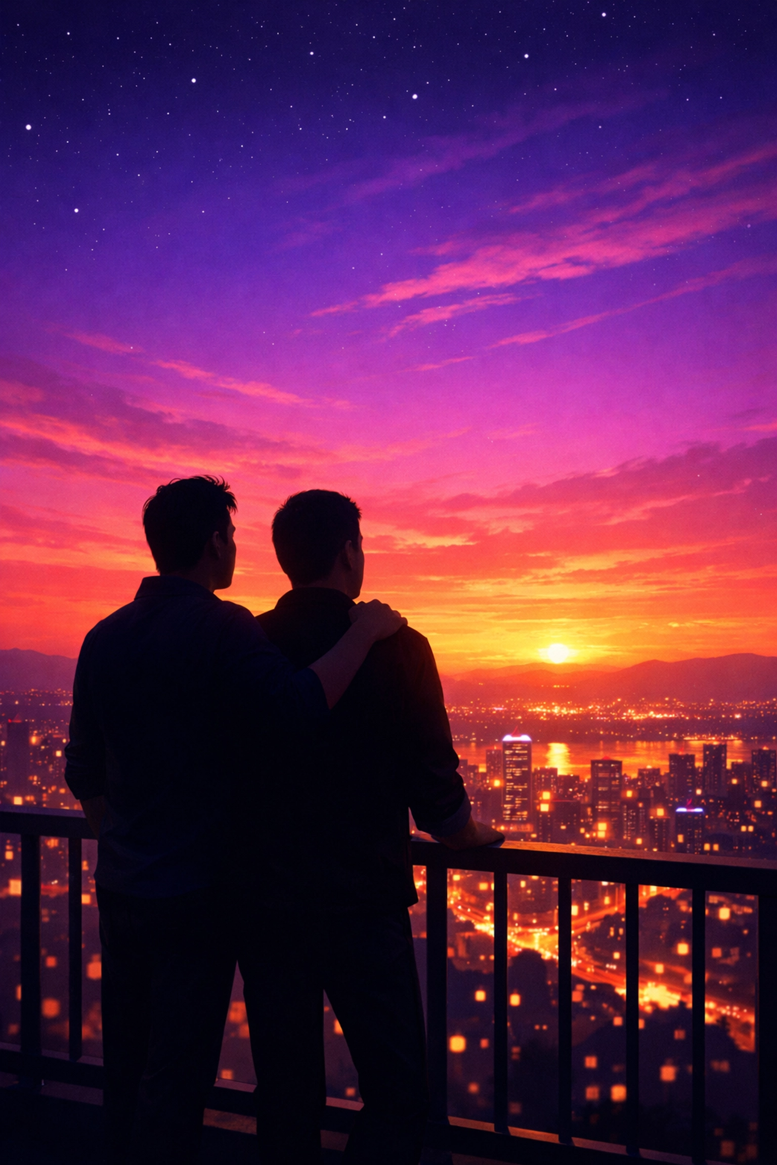 Two gay men looking at a city skyline, representing a bright future for LGBTQ+ storytelling and authors.