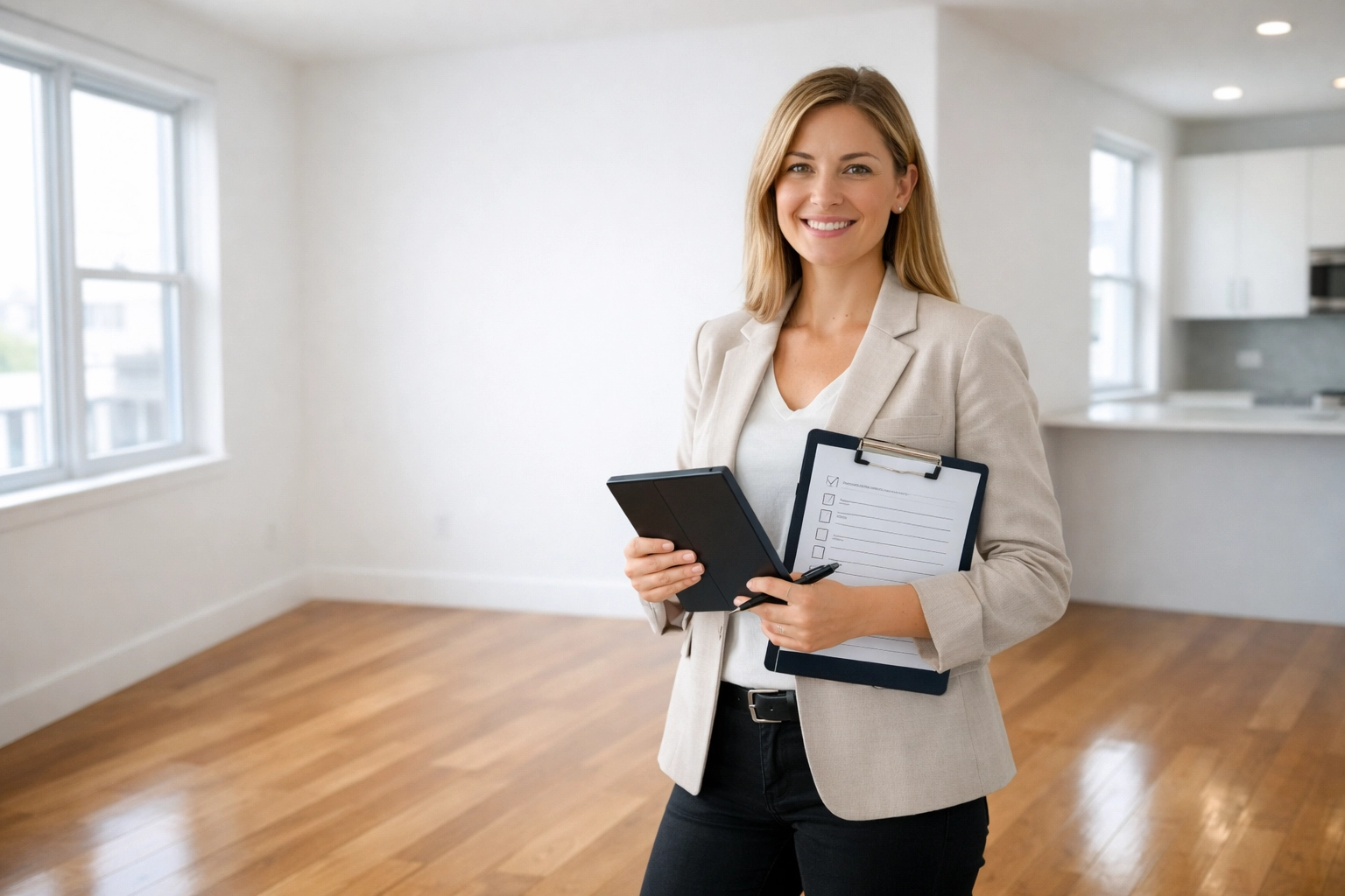 Property manager inspecting freshly cleaned apartment with checklist before tenant move-in