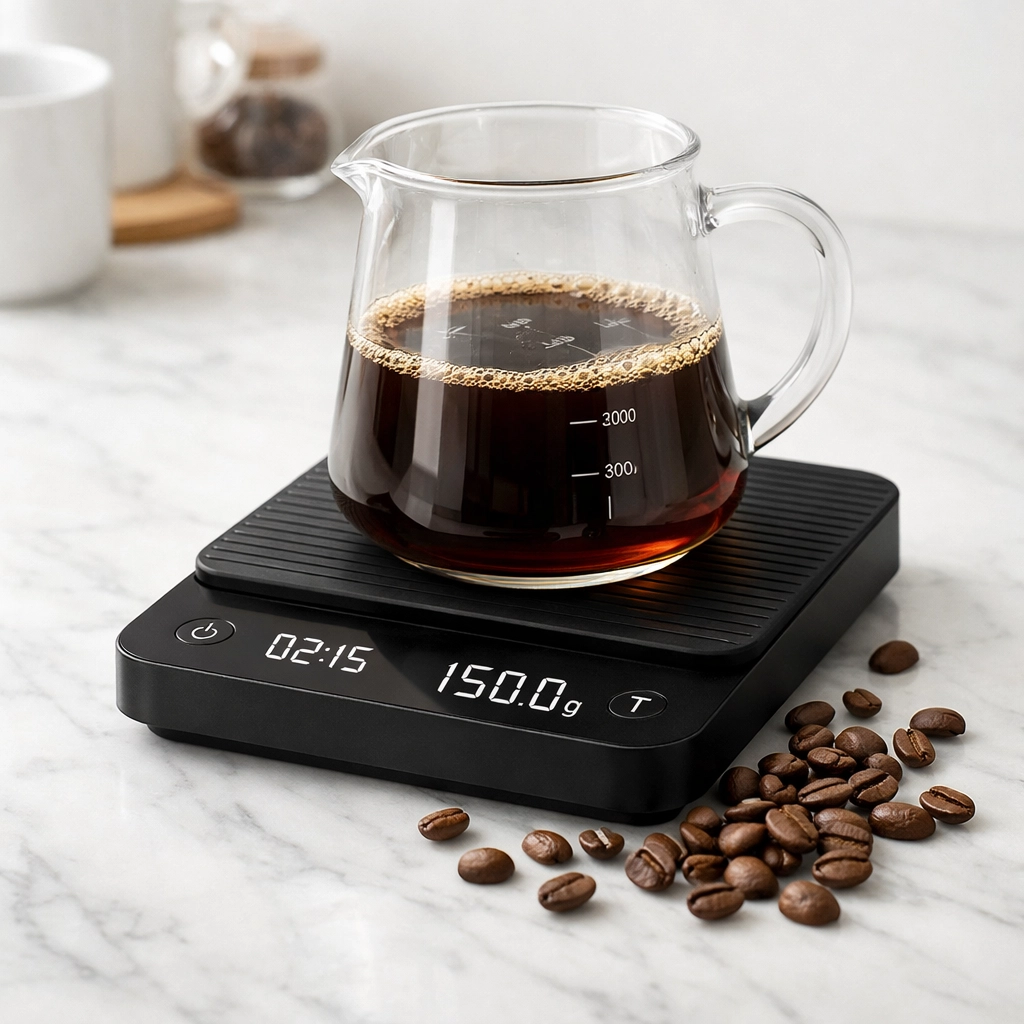 A digital coffee scale and glass carafe on a marble counter for precise specialty coffee brewing.