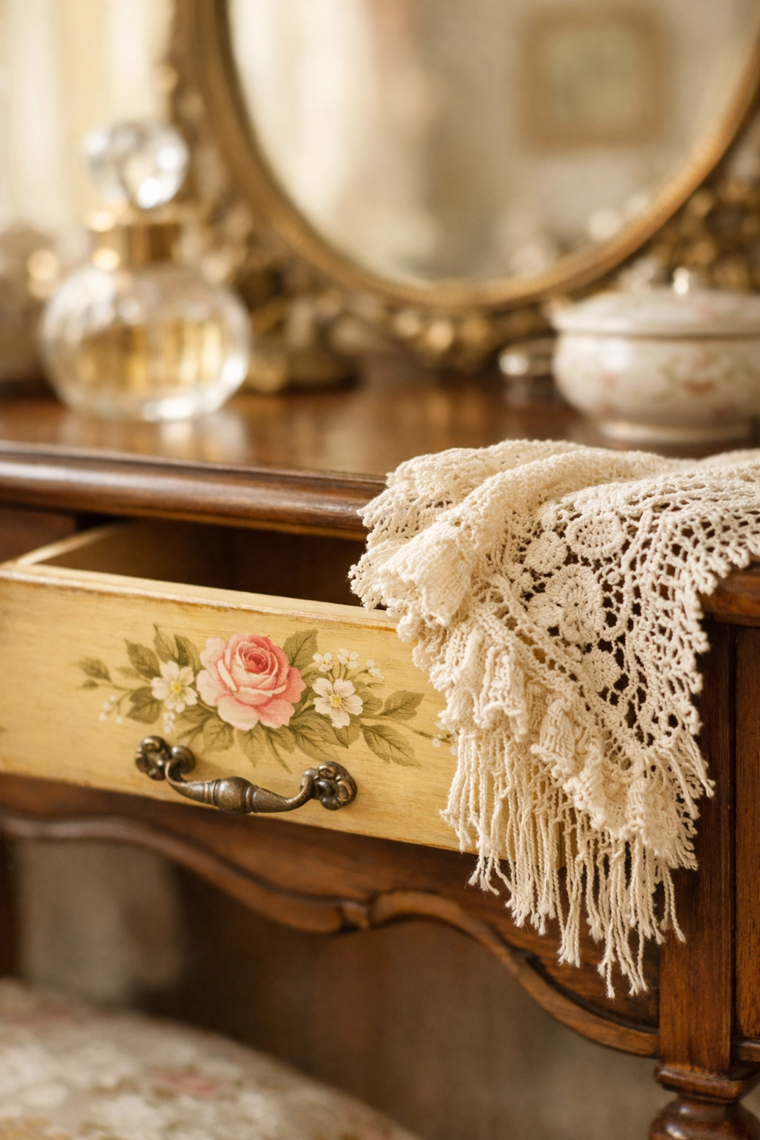 Hand-painted vintage vanity with delicate handcrafted lace details showcasing 2026 design trends.
