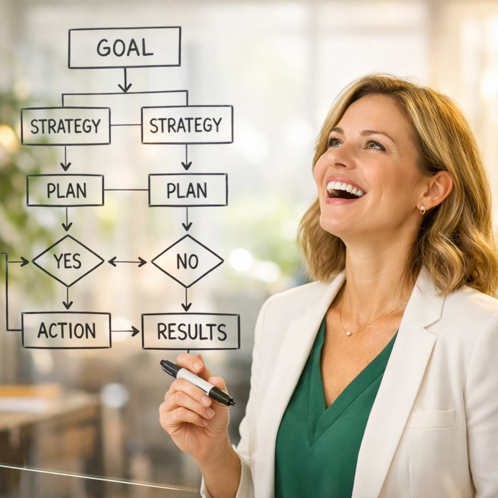 A woman business coach analyzing a strategic flow chart to align brand strategy with a profitable business model.