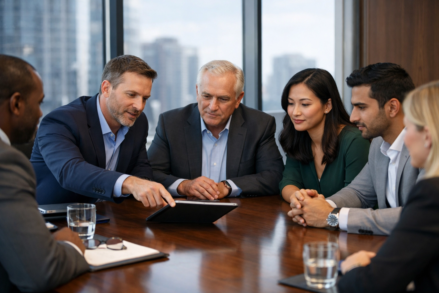 A professional corporate team discussing strategic brand partnerships and human capital in a modern boardroom.