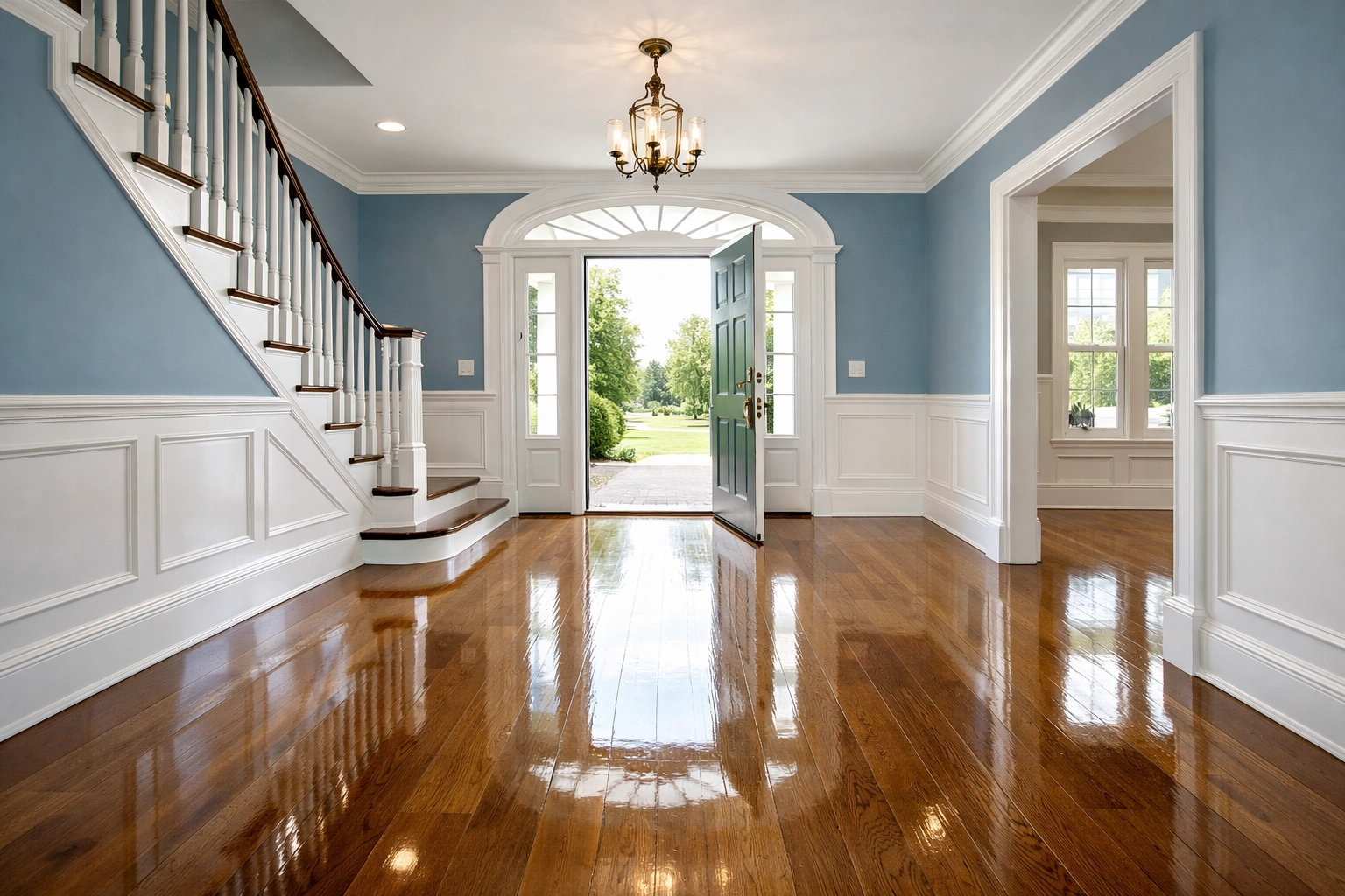 A pristine, empty foyer in a Lancaster, MA home ready for move-in after professional cleaning.