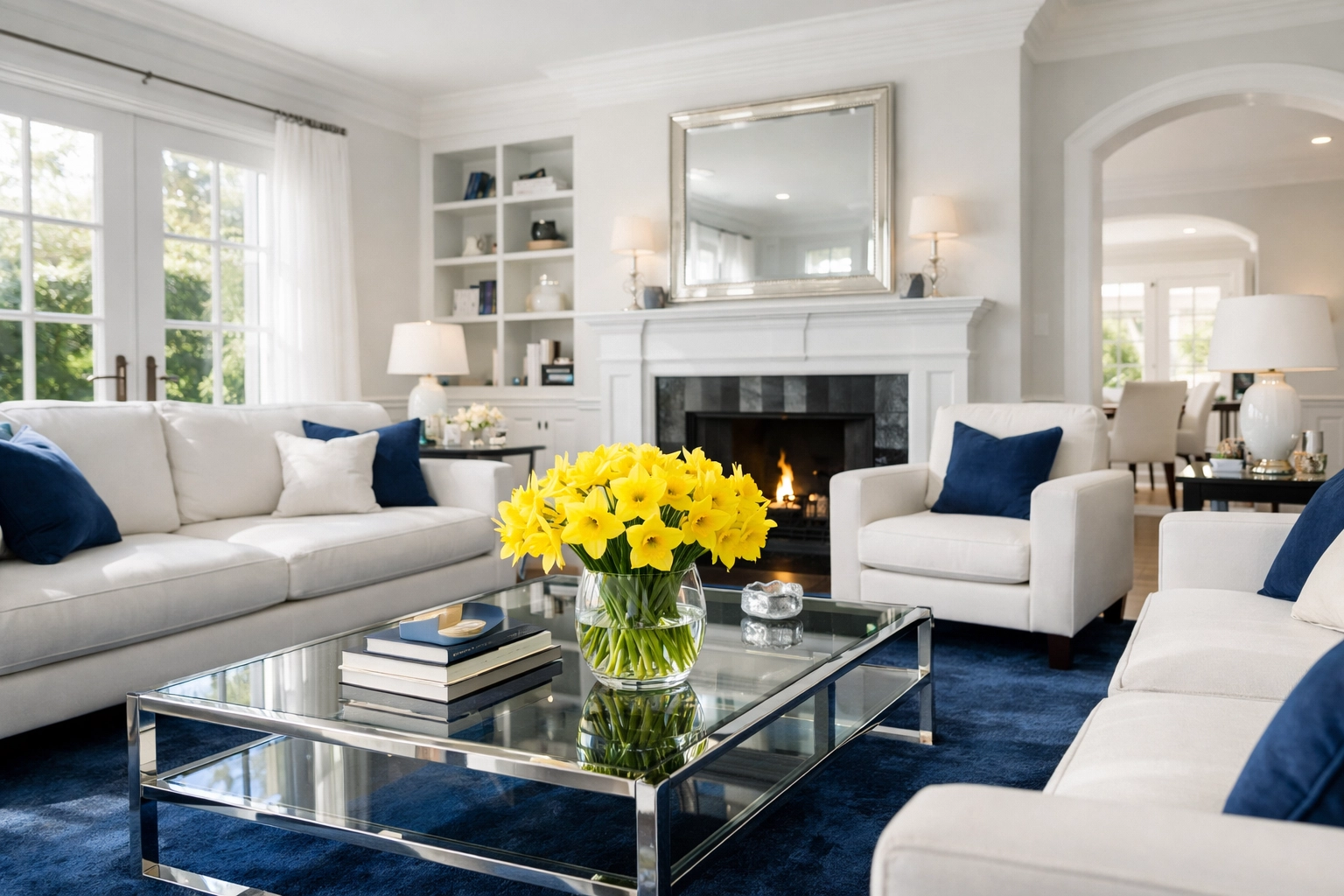 Pristine Arlington living room with white furniture and navy rug, showcasing a consistent weekly cleaning routine.