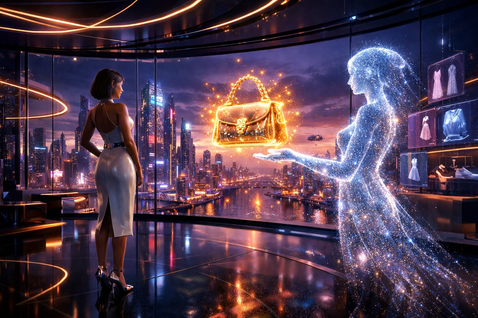 AI assistant helping a shopper in a futuristic metaverse boutique powered by Larecoin Web3 payments.