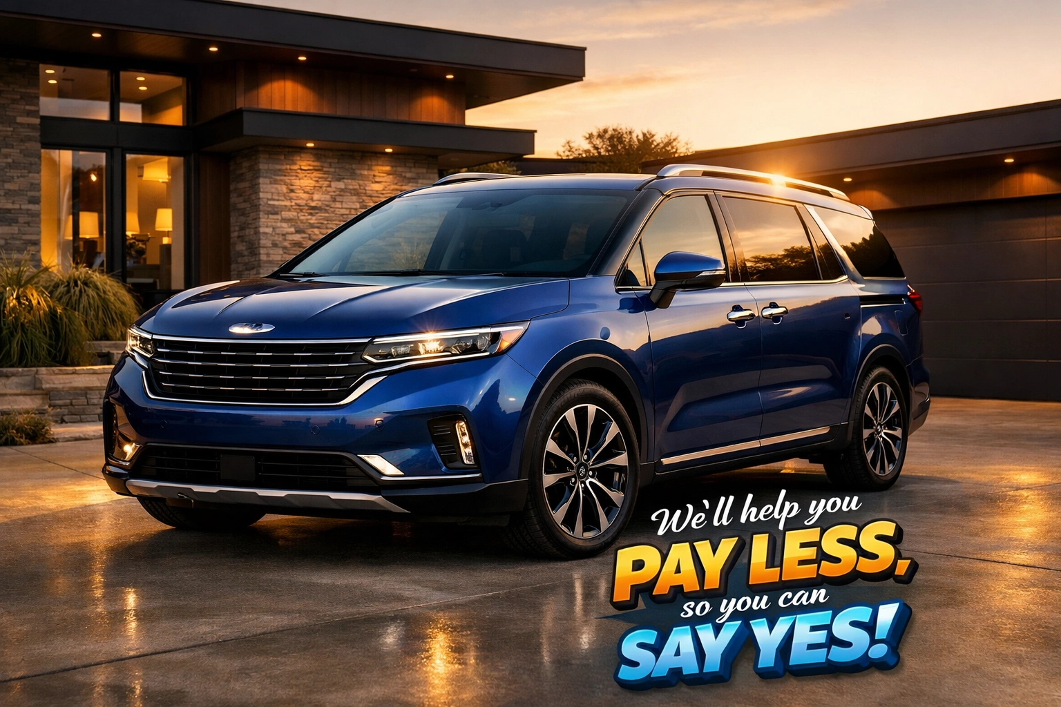 Luxury 2026 Kia Carnival in Astra Blue parked outside a modern home during golden hour.