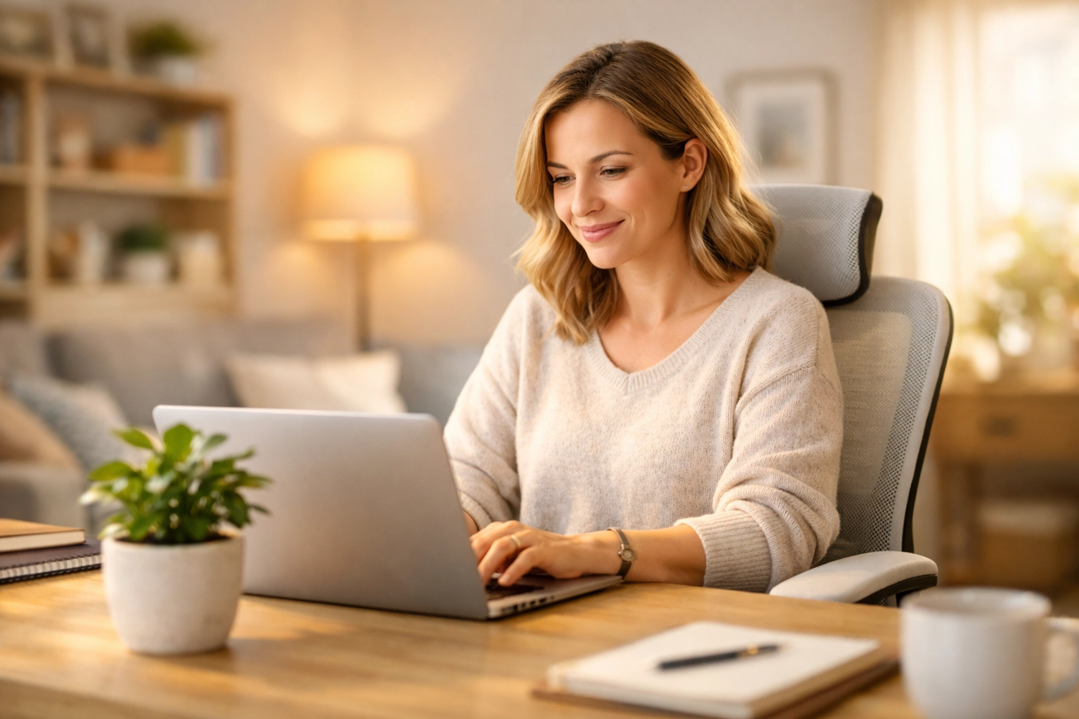 Femme travaillant à domicile après avoir résolu une urgence avec un crédit rapide au Canada.