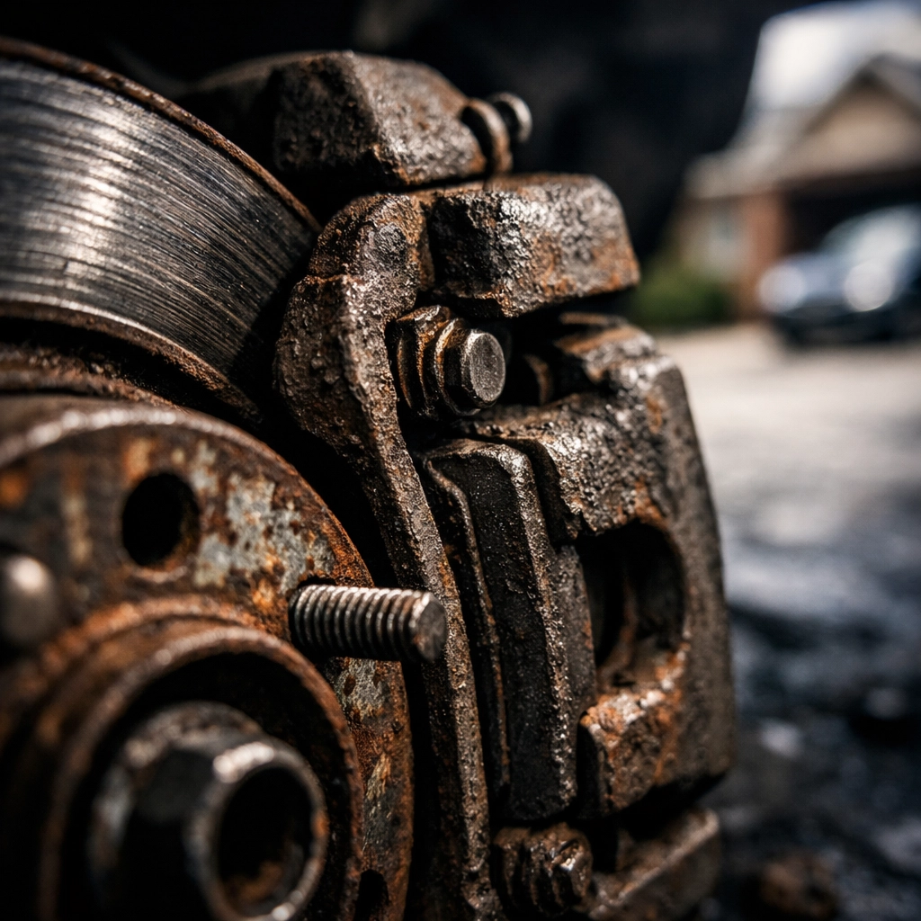 Close-up of a rusted brake assembly showing the need for urgent Green Bay mobile car repair.