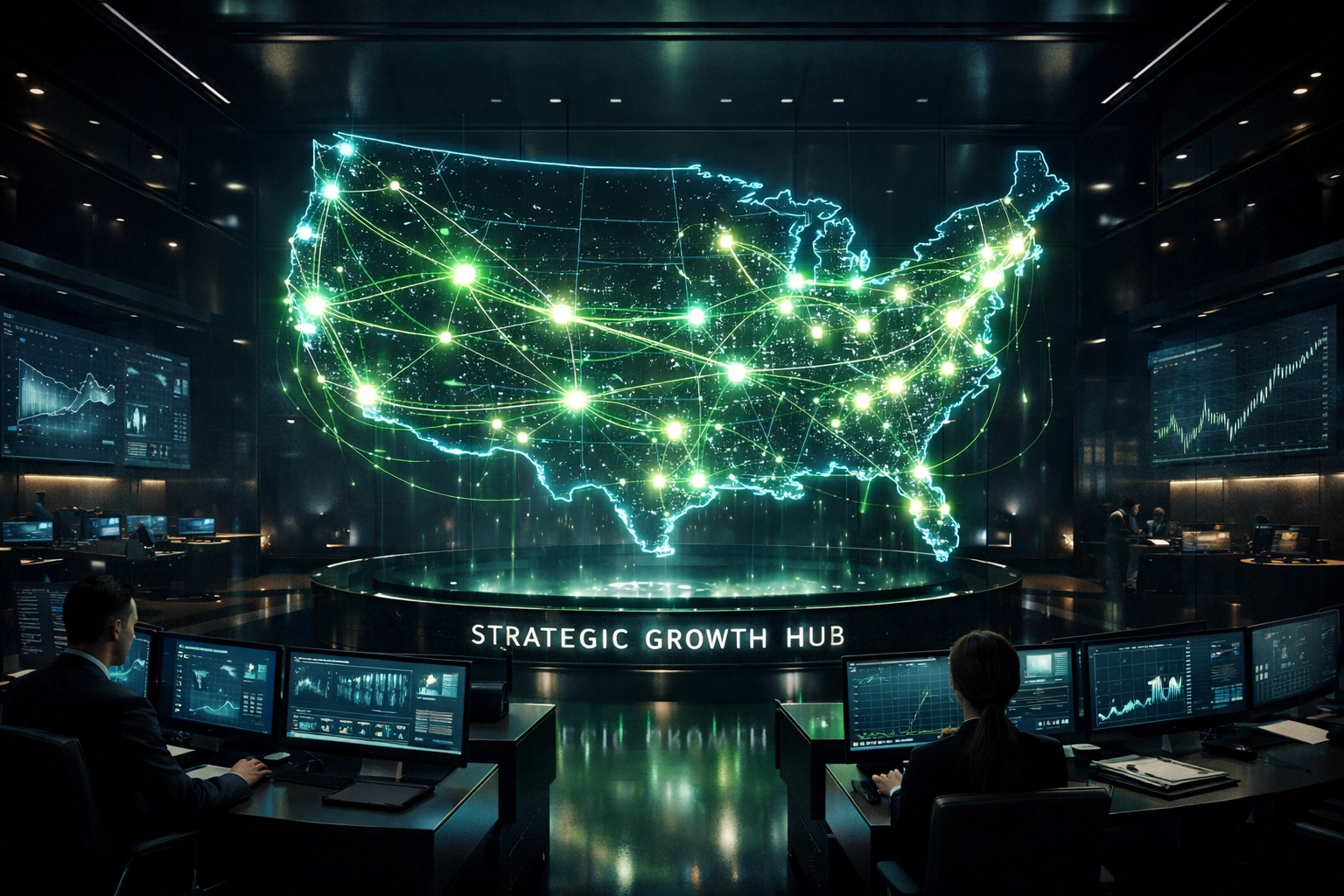 Glowing map of United States business growth nodes representing national expansion and strategic funding.