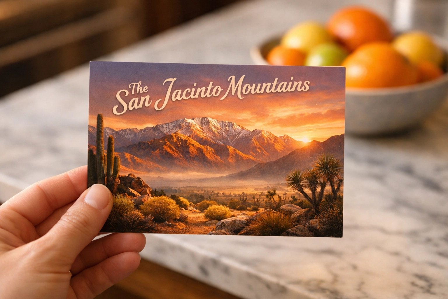 A high-quality local marketing postcard featuring the San Jacinto Mountains for Coachella Valley businesses.