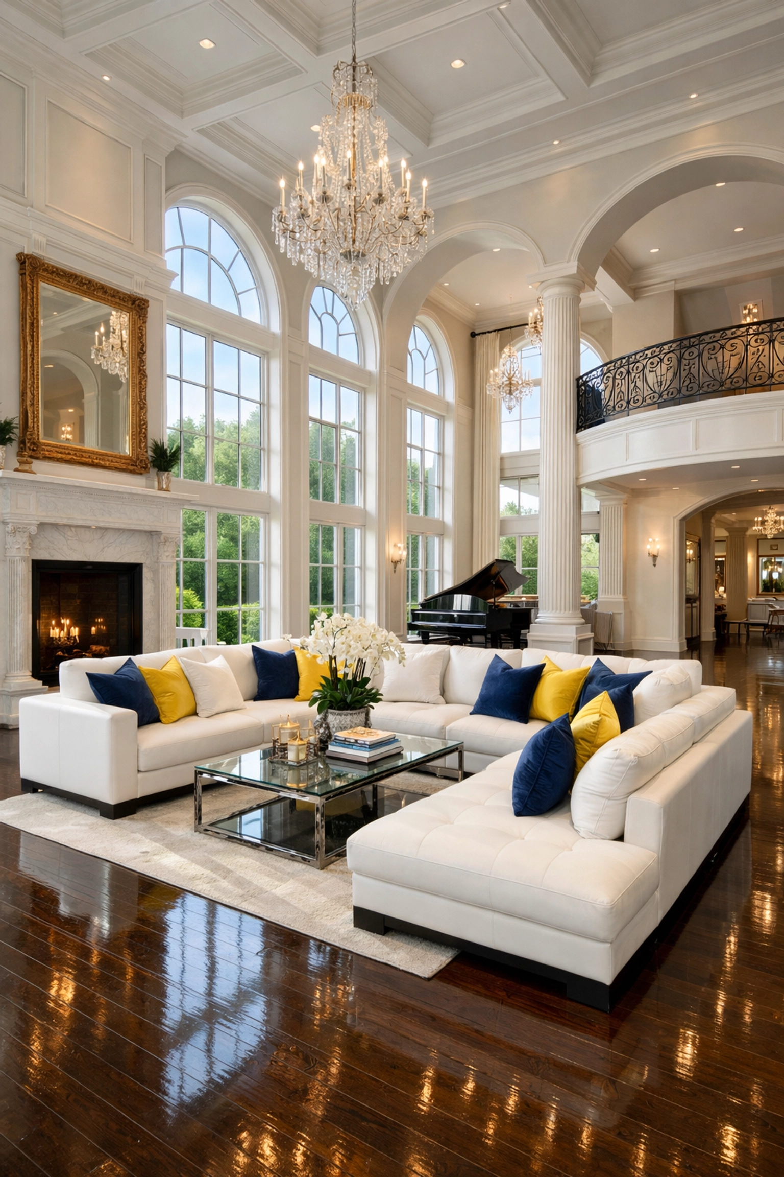 Pristine living room in a Weston mansion featuring polished hardwood floors and professional cleaning.