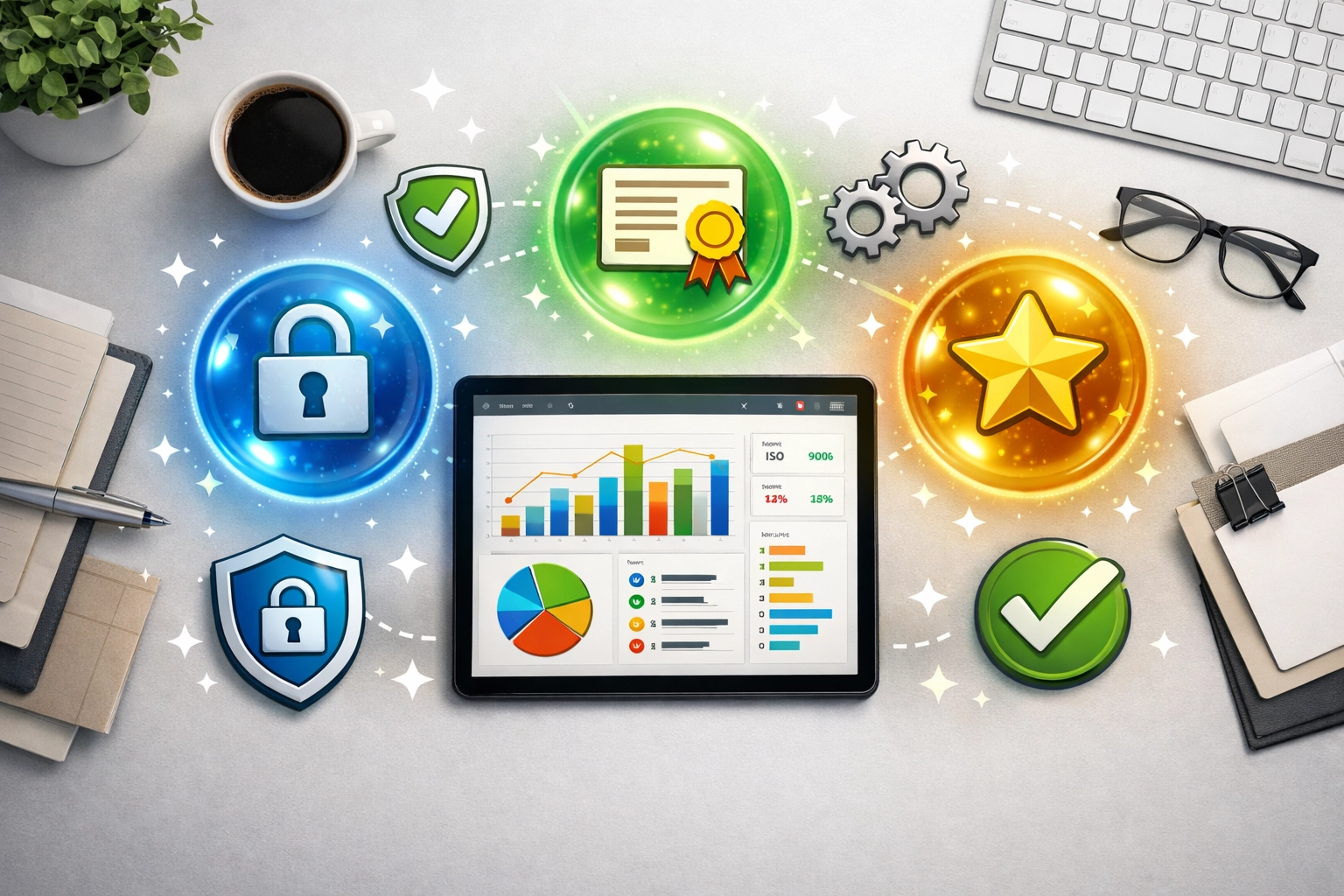 ISO 42001, 27001 and 9001 governance symbols on office desk representing AI management standards for SMEs