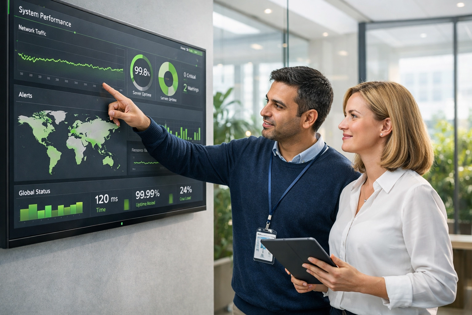 IT experts analyzing Agentic AI data on a dashboard to improve ServiceNow ITOM performance and ROI.