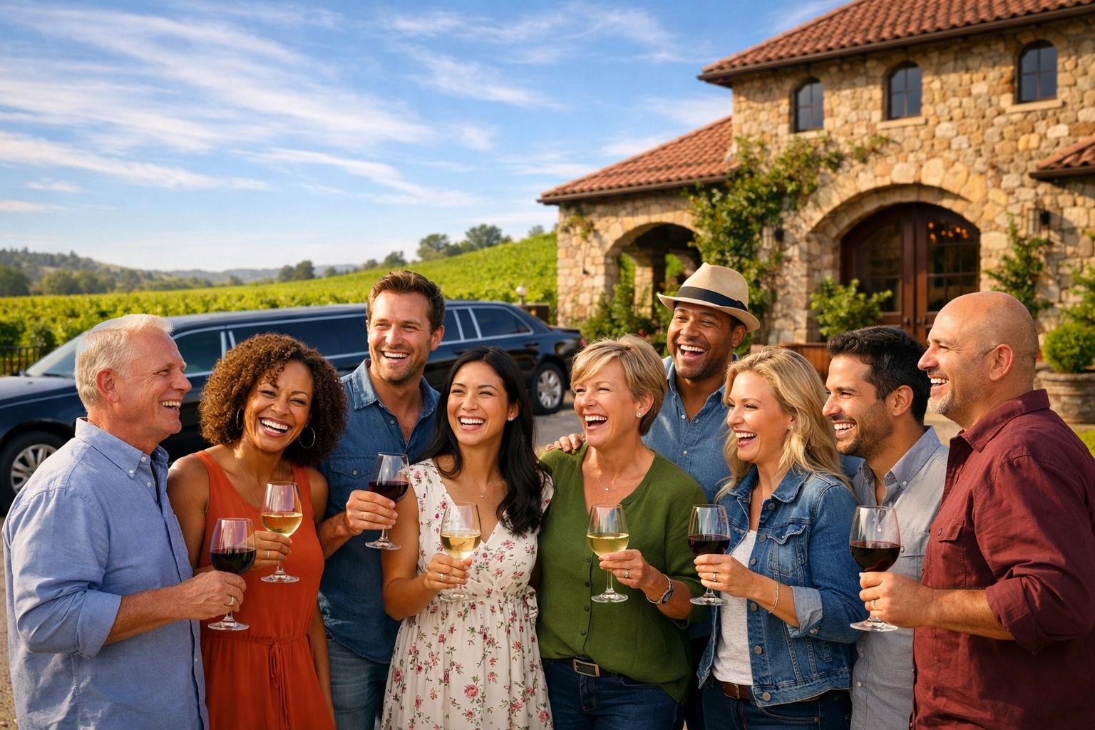 Group of friends enjoying wine tasting at Pittsburgh winery with limousine service