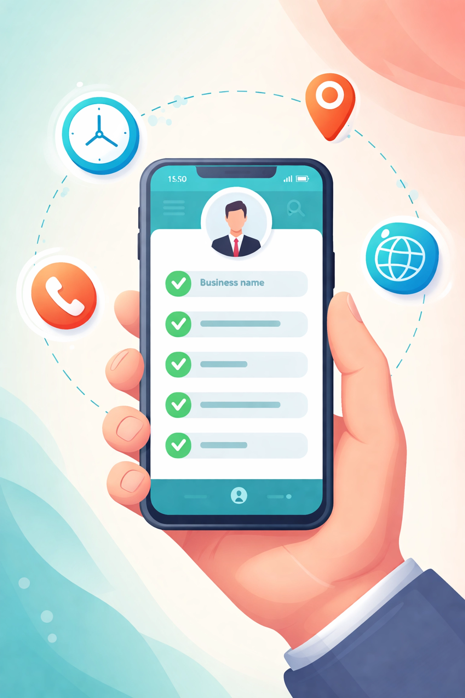 Smartphone showing a complete Google Business Profile with verified business hours, location, and contact details for small businesses.