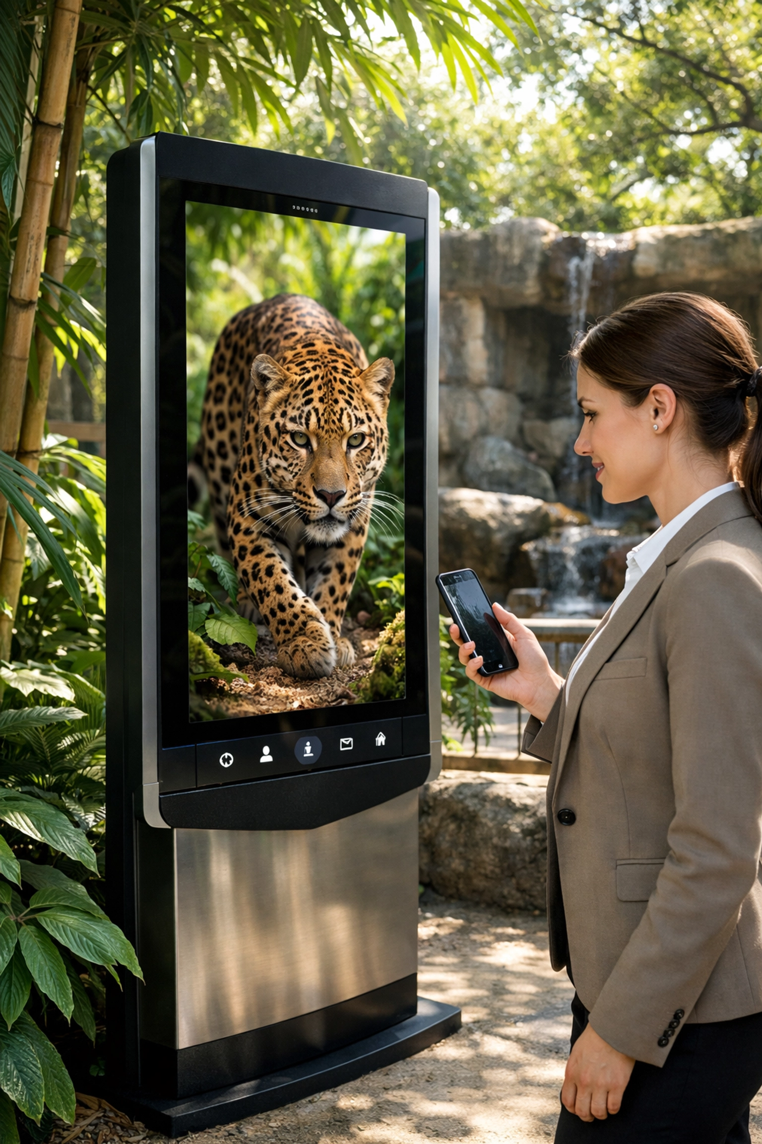 Interactive digital kiosk at a zoo exhibit showing a leopard, highlighting zoo media sponsorship opportunities.