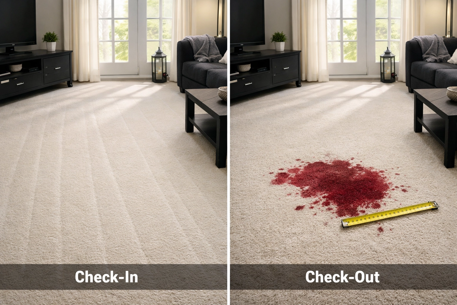 Split image showing pristine carpet at check-in versus wine-stained carpet at check-out for deposit dispute