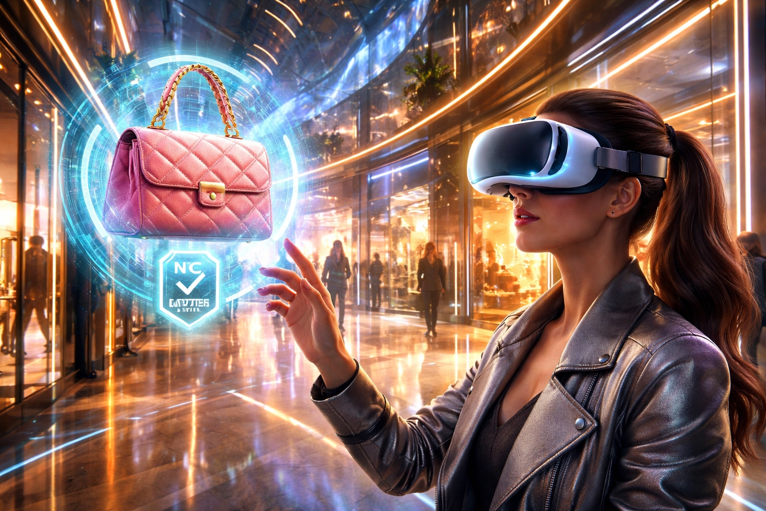 Shopper wearing VR headset browsing virtual metaverse mall with NFT-authenticated products on display