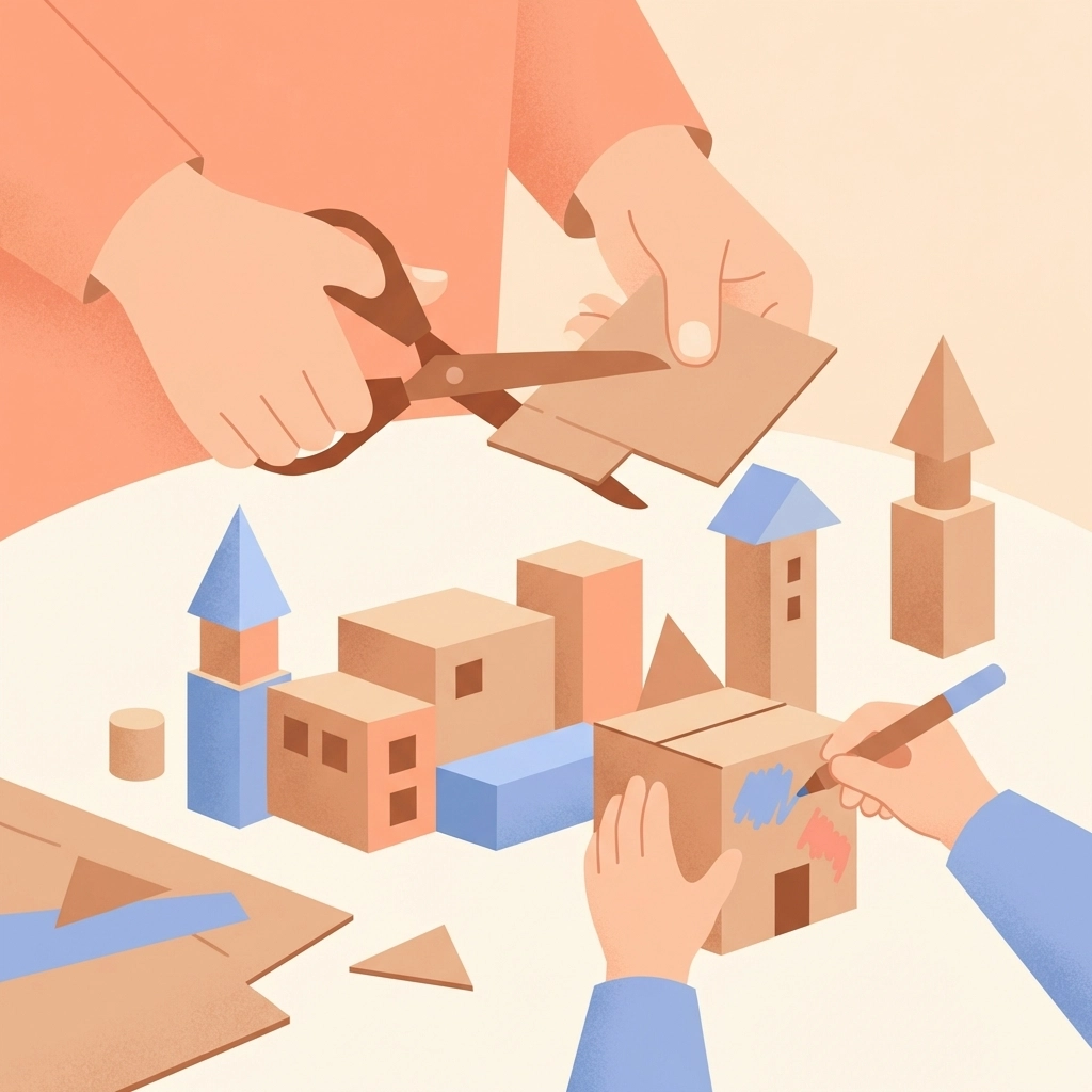 Adult and child hands working together on a cardboard city craft, highlighting collaborative family activities