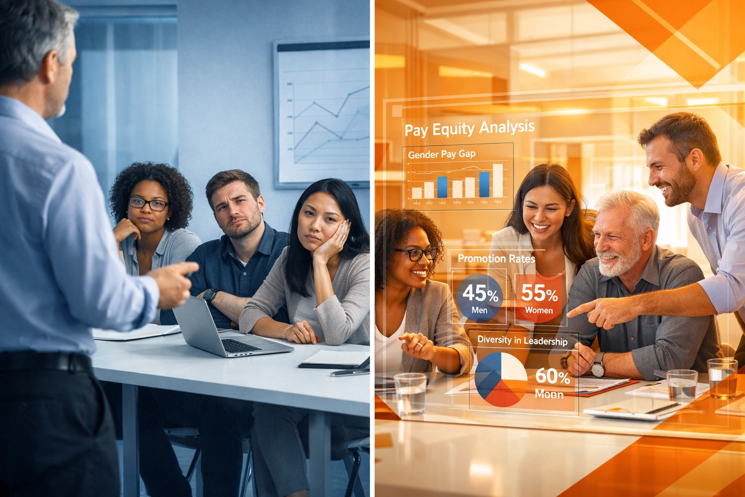 Workplace transformation from skeptical employees to collaborative teams using DEI data dashboards