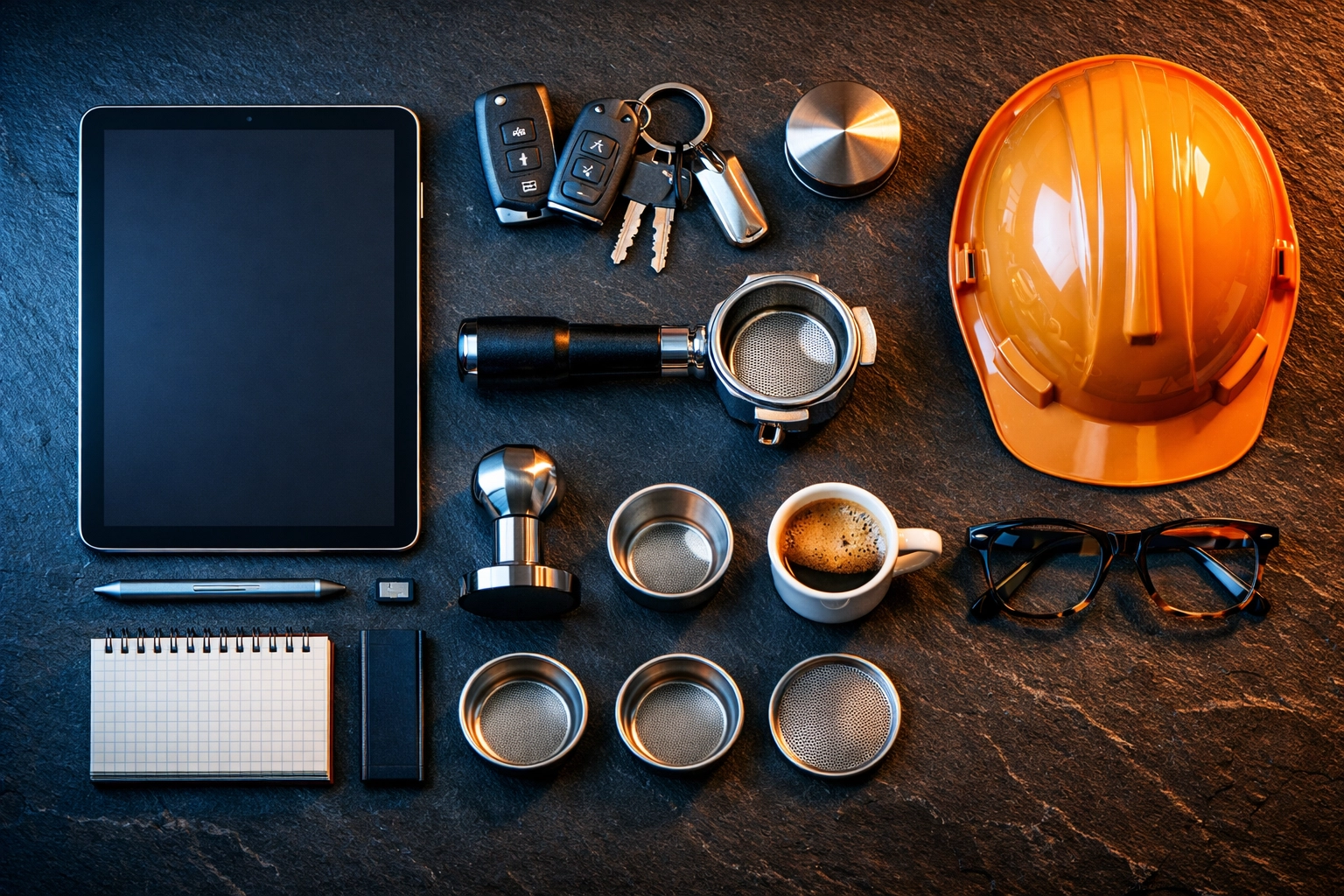 A professional layout of business equipment including van keys and tools for asset leasing options.