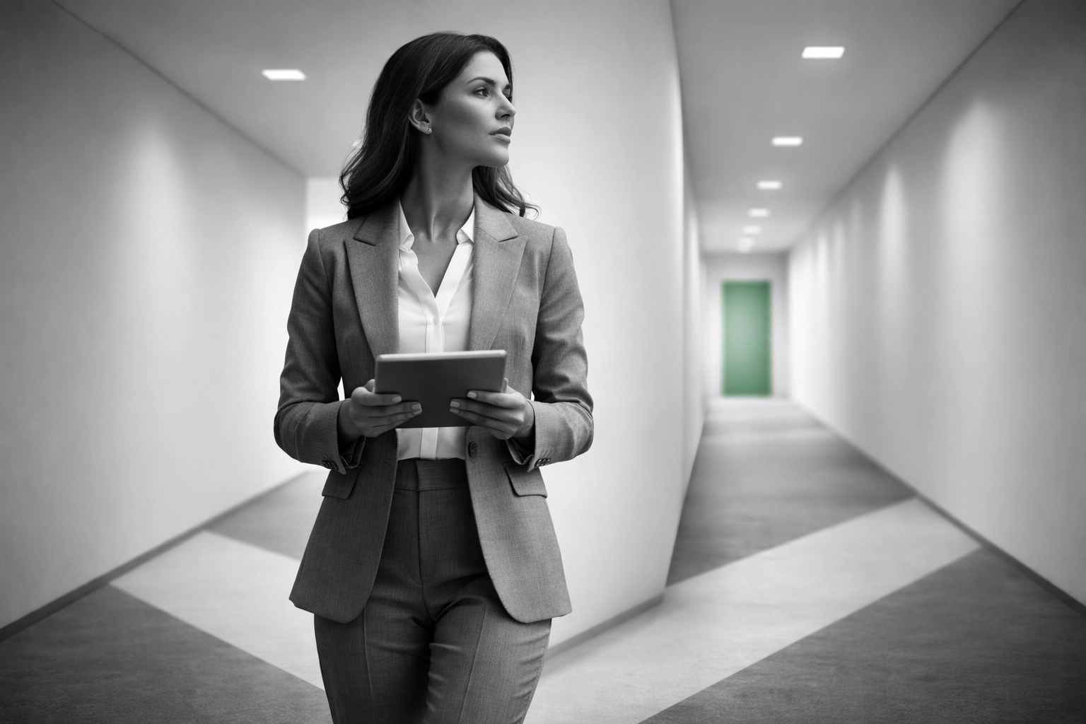 Confident female executive stands at a decision point, symbolizing leadership choices in nonprofit transitions.